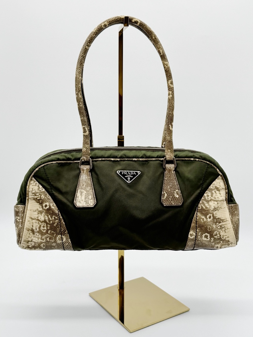 Vintage Prada Green Nylon Tessuto Bowler Bag with Snakeskin